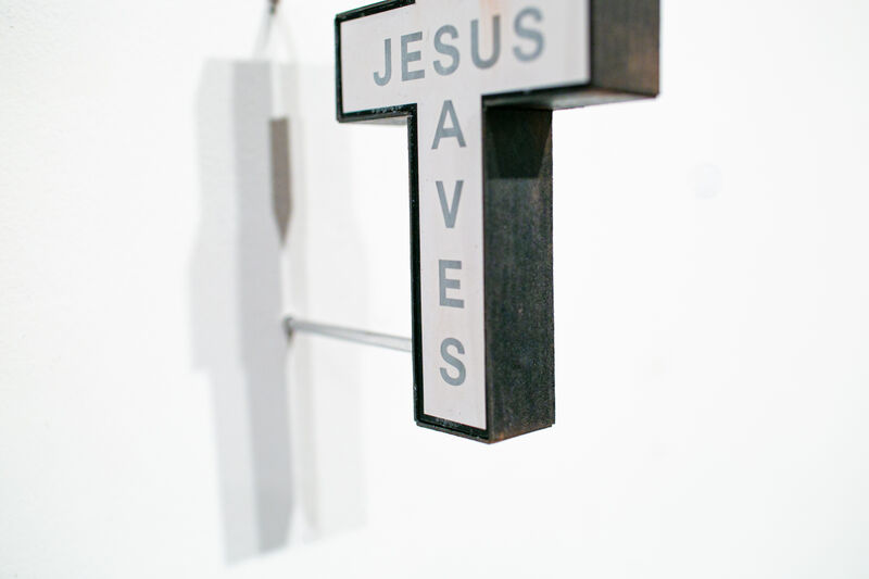 Drew Leshko, ‘Jesus Saves (black)’, 2019, Drawing, Collage or other Work on Paper, Paper, enamel, pastel, inkjet prints, chain, tubing, Paradigm Gallery + Studio