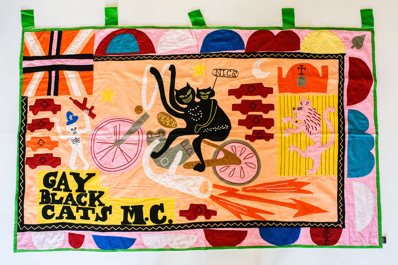 Grayson Perry, ‘Gay Black Cats MC’, 2017, Mixed Media, Cotton fabric and embroidery appliqué handmade flag in colours, Lougher Contemporary Gallery Auction