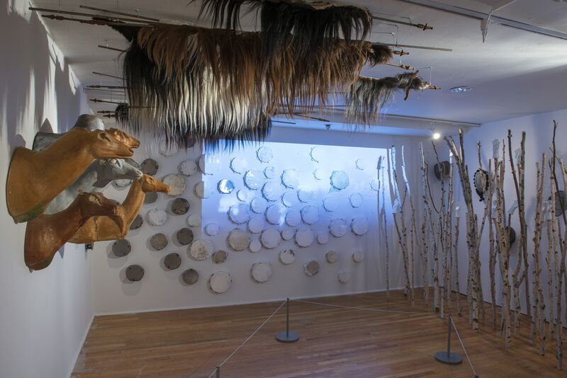 Allison Janae Hamilton, ‘Foresta’, 2017, Installation, Mixed media with birch logs, wrought iron fence posts, taxidermy forms, horse manes, tambourines, clothing and regalia, The Studio Museum in Harlem
