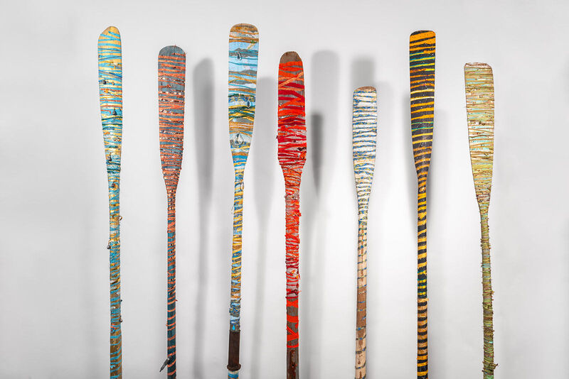 Raine Bedsole, ‘ Oars  (sizes vary, sold as individual pieces)’, 2020, Sculpture, Wood, fabrics, glass, crystals nails, vintage maps and text, Callan Contemporary