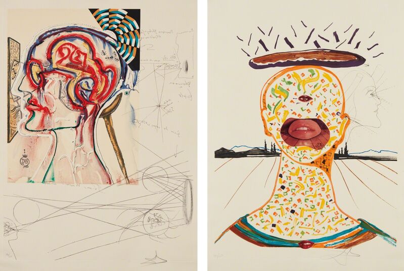 Salvador Dalí, ‘Spectacles with Holograms and Computers...; and Cyclopean Make-Up, from Imaginations and Objects of the Future’, 1975-76, Print, Two lithographs with etching in colors, one with collage, on Arches paper, with full margins, Phillips