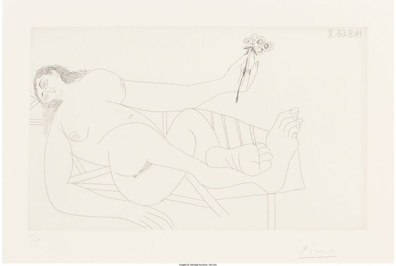 Pablo Picasso, ‘Femme à la Fleur sur un Transat, from La Série 347’, 1968, Print, Etching, Heritage Auctions