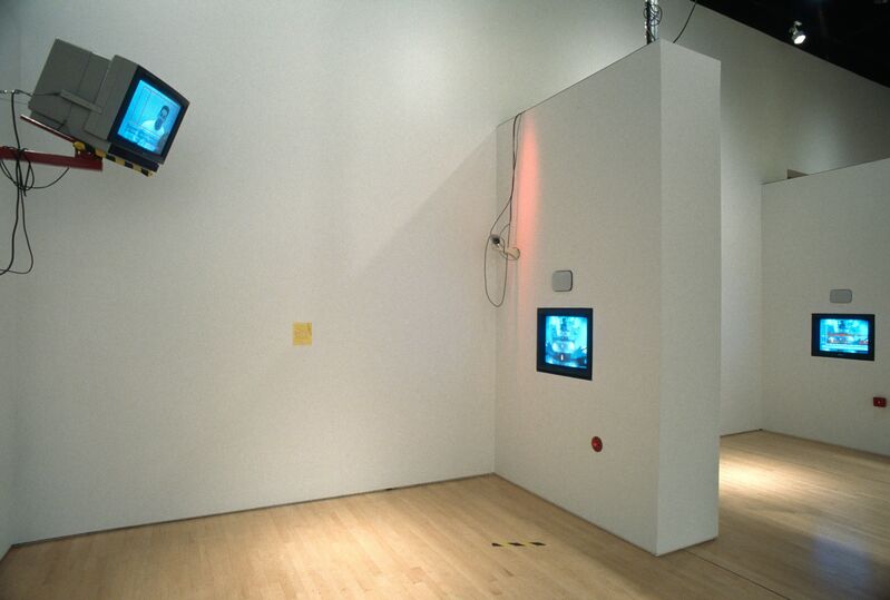 Julia Scher, ‘Predictive Engineering3’, 1993-Present, Installation, Multi-channel video and sound installation, live cameras, sensors, microphone, mirrors, tape, plastic balls, drone, and text-messaging service, San Francisco Museum of Modern Art (SFMOMA) 