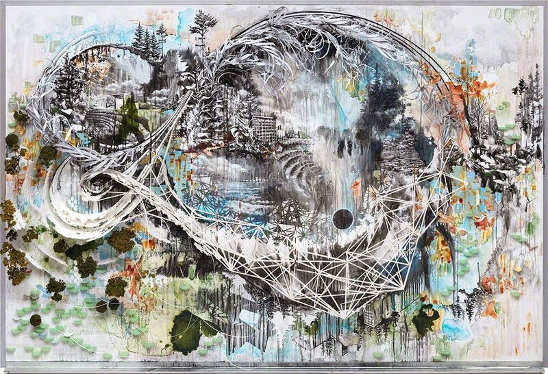 Gregory Euclide, ‘Something Condensed From Whole’, 2015, Painting, Acrylic, wood, sedum, paper, found foam, fern, sumi on porcelain coated steel, Hashimoto Contemporary