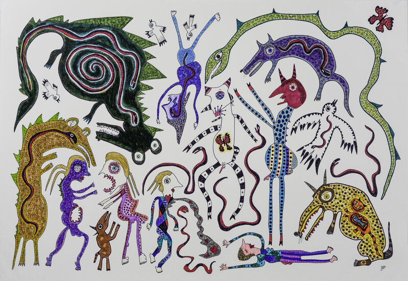 Jeanne Brousseau, ‘Untitled [Dragons, Dogs, Snake, Figures] ’, 2020, Drawing, Collage or other Work on Paper, Ink, watercolor, and colored marker on paper, Hirschl & Adler
