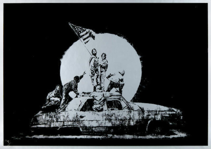 Banksy, ‘Silver Flag’, 2006, Print, Offset lithograph in black on silver metallic paper, MoonStar Fine Arts Advisors