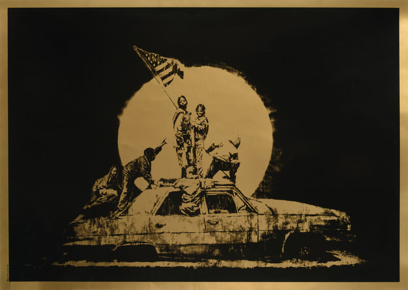 Banksy, ‘GOLD FLAG, AP “ghetto crew “’, 2008, Print, Screenprint in color on gold foil coated chromalux paper, DIGARD AUCTION
