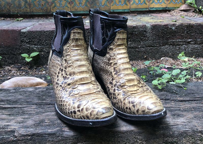 Jada + Jon, ‘Cowboy Ankle Boots (Women's Size 9)’, 2021, Fashion Design and Wearable Art, Handcrafted & Repurposed Vintage Python Cowboy Ankle Boots, JoAnne Artman Gallery