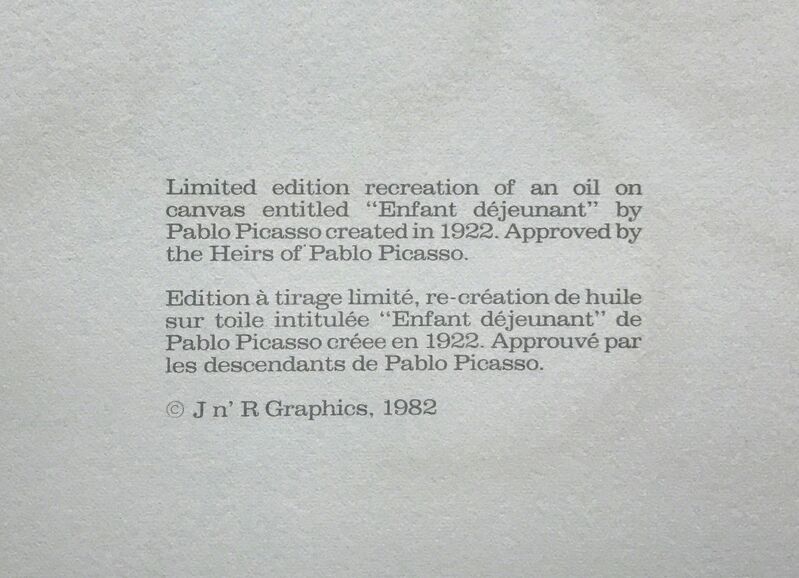 Pablo Picasso, ‘ENFANT DEIEUNANT’, 1979-1982, Reproduction, LITHOGRAPH ON ARCHES PAPER, Gallery Art