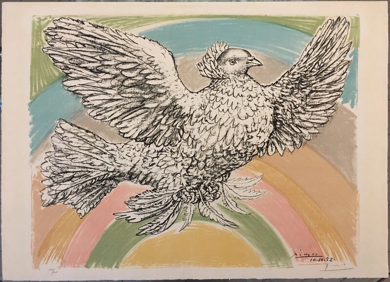 Pablo Picasso, ‘Le Colomb Volant  - The Flying Dove with a rainbow’, 1952, Print, Original chalk drawn Lithograph in 8 colours on Arches watermarked paper, Puccio Fine Art