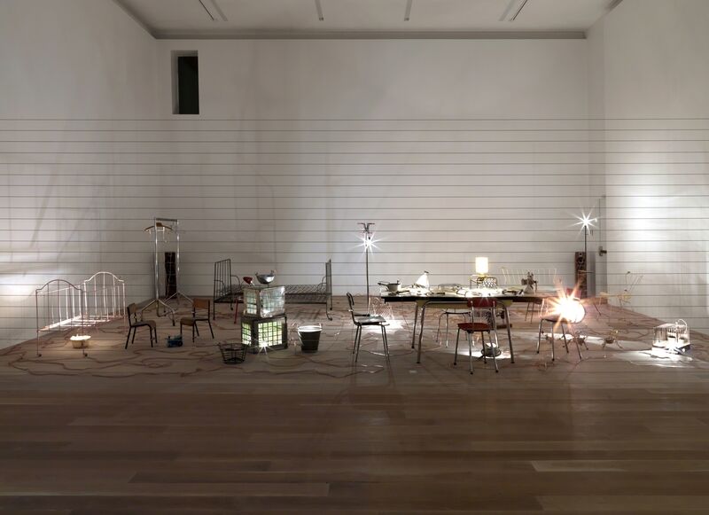 Mona Hatoum, ‘Homebound’, 2000, Installation, Kitchen utensils, furniture, electrical wire, light bulbs, dimmer unit, amplifier and two speakers , dimensions variable , Tate