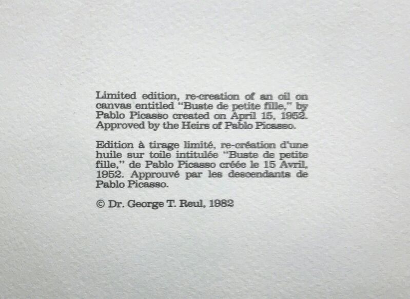Pablo Picasso, ‘BUSTE DE PETITE FILLE’, 1979-1982, Reproduction, LITHOGRAPH ON ARCHES PAPER, Gallery Art