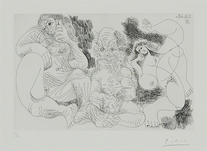 Pablo Picasso, ‘Vieillard Assis Avec Une Femme, Et Danseuse (From 347 Series, Pl. 239)’, 1968, Print, Etching and drypoint on Rives BFK paper, Waddington's