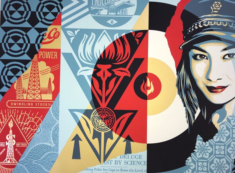 Shepard Fairey, ‘Shepard Fairey Raise The Levels Print Obey Giant Poster 2019 Street Art Pop Art’, 2019, Print, Hand Pulled Screen Print On Paper With Gold Metallic Inks, New Union Gallery