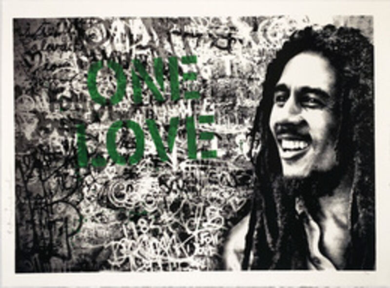 Mr. Brainwash, ‘'Happy Birthday Bob Marley (One Love)' (green)’, 2019, Print, Single-color screen print on deckled edge 300gsm fine art paper. Hand-finished with water color and spray-painted 'One Love' stencil., Signari Gallery