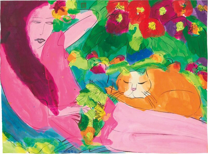 Walasse Ting 丁雄泉, ‘Woman with Cat’, Painting, Acrylic on paper, Phillips