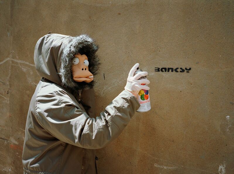 James Pfaff, ‘Banksy, Monkey Mask Session (Tag), London, 2003 (Small)’, [2003/2021], Photography, Analogue C-type print on archival Fujicolor paper, aluminium, artist's frame, Artificial Gallery