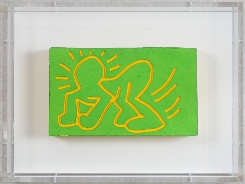 Keith Haring, ‘Untitled (Crawling Radiant Child)’, 1983, Painting, Green & yellow fluorescent paint on carved wood, Artificial Gallery