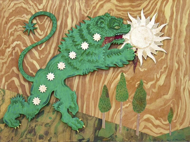 Deming King Harriman, ‘GREEN LION DEVOURS THE SUN’, Drawing, Collage or other Work on Paper, Laser cut wood panels, acrylic paint, collage, and gold leaf, Deep Space Gallery