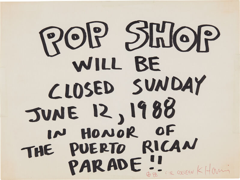 Keith Haring, ‘Pop Shop Signage (Puerto Rican Parade)’, 1988, Drawing, Collage or other Work on Paper, Marker on paper, Phillips
