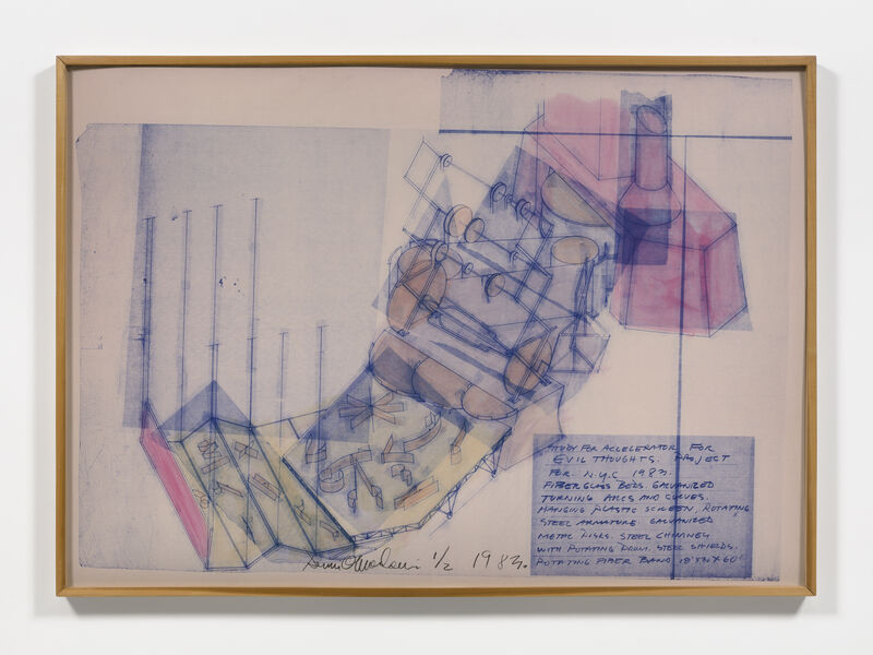 Dennis Oppenheim, ‘Accelerator for Evil Thoughts’, 1983, Drawing, Collage or other Work on Paper, Hand tinted blue line print on linen mounted on rag board, Marlborough New York