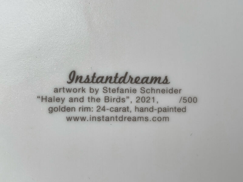 Stefanie Schneider, ‘Stefanie Schneider's Coupe Plate 'Haley and the Birds'’, 2021, Photography, Coupe Plate with 24-carat hand painted golden rim. Screen print based on a Polaroid., Instantdreams