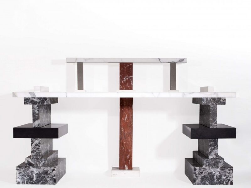 Ettore Sottsass, ‘She asked me why did you do it ’, 1987, Design/Decorative Art, Structure in stone, Carrara white marble, grey, black and pink marble, Galerie Mitterrand
