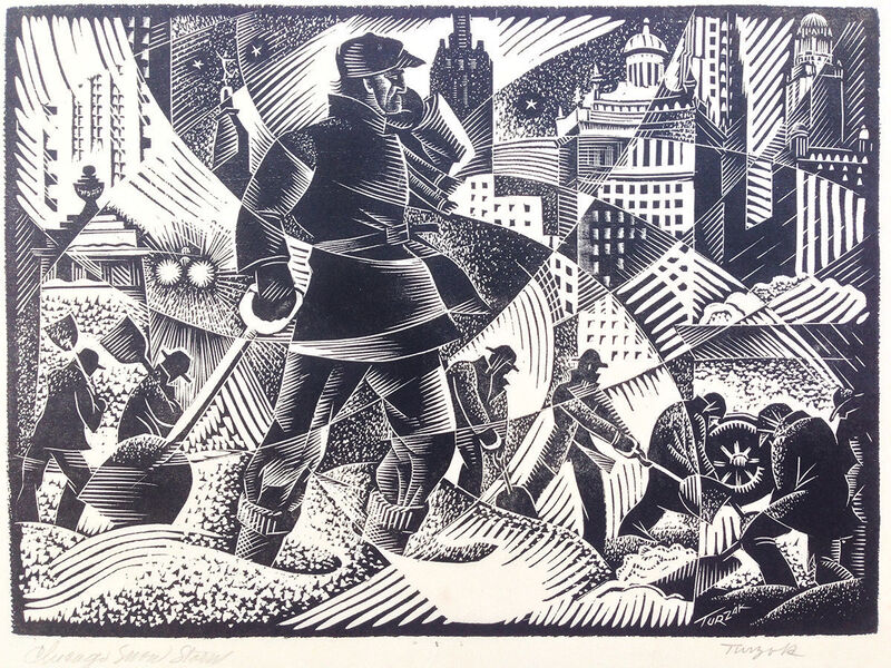 Charles Turzak, ‘Chicago Snow Storm (Work Relief)’, ca. 1935, Print, Woodcut on laid japanese paper., Catherine Burns Fine Art