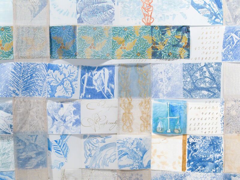Fran Siegel, ‘Lineage through Landscape: Tracing Egun in Brazil’, 2015-2017, Installation, Suspended Drawing: pencil, pigment, gold leaf, string, and collage on cut drafting film, scrim, cyanotype, sewn and printed fabric. Leaves: porcelain, Fowler Museum at UCLA