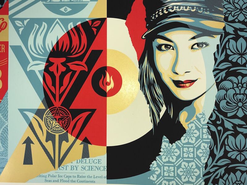 Shepard Fairey, ‘Shepard Fairey Raise The Levels Print Obey Giant Poster 2019 Street Art Pop Art’, 2019, Print, Hand Pulled Screen Print On Paper With Gold Metallic Inks, New Union Gallery