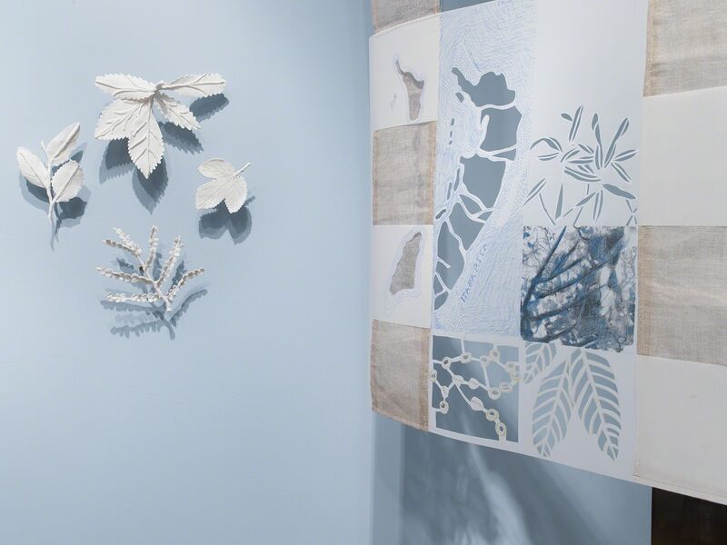 Fran Siegel, ‘Lineage through Landscape: Tracing Egun in Brazil’, 2015-2017, Installation, Suspended Drawing: pencil, pigment, gold leaf, string, and collage on cut drafting film, scrim, cyanotype, sewn and printed fabric. Leaves: porcelain, Fowler Museum at UCLA
