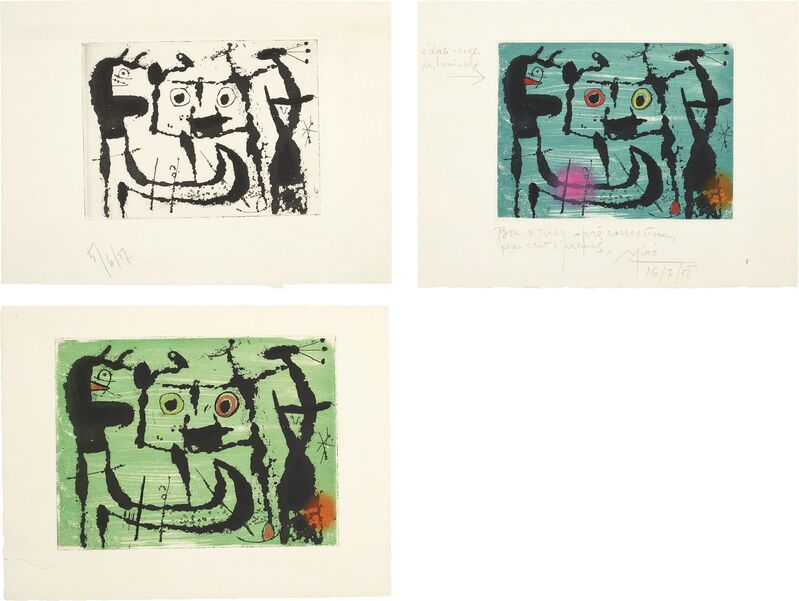Joan Miró, ‘Le styx: three impressions’, 1958, Print, Three etching and aquatints (two in colors), on wove paper, with full margins, Phillips