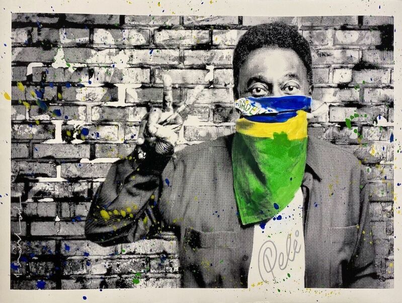 Mr. Brainwash, ‘The King Pelé - Flag Portrait’, 2016, Print, Black & White screenprint on hand-torn Archival Art paper, Hand-finished by the artist (Color Painted), AYNAC Gallery
