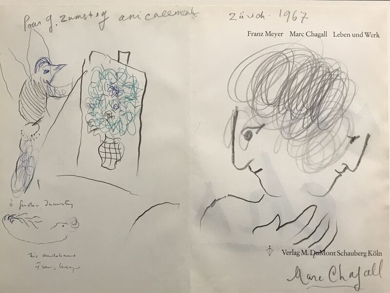 Marc Chagall, ‘Double Profil et coq peintre’, 1967, Drawing, Collage or other Work on Paper, Black pencil, blue marker, green marker and black pen on paper, Odalys