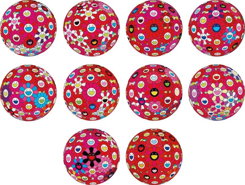 Takashi Murakami, ‘Flowerball (3D) - Turn Red!; Flowerball (3D) – Papyrus; Flowerball (3D) – Red, Pink, Blue; Hey! You! Do You Feel What I Feel?; Flowerball (3D) – Blue, Red; Comprehending the 51st Dimension; Letter to Picasso; Groping for the Truth; There is Nothing Eternal in this World. That is Why You are Beautiful; and Flowerball (3D) – Red Ball’, 2013-2014, Print, Ten offset lithographs in colours, on smooth wove paper, the full sheets., Phillips