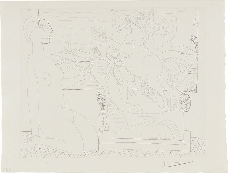 Pablo Picasso, ‘Modèle contemplant un Groupe sculpté (Model Contemplating a Sculpture), plate 66, from La Suite Vollard’, 1933, Print, Etching, on Montval laid paper watermark Picasso, with full margins., Phillips