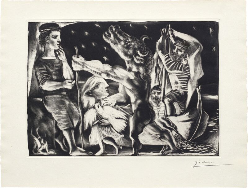 Pablo Picasso, ‘Minotaure aveugle guidé par Marie-Thérèse au pigeon dans une nuit étoilée (Blind Minotaur Guided Through a Starry Night by Marie-Thérèse with a Dove), pl. 97, from La Suite Vollard’, 1934, Print, Sugar-lift aquatint, scraper, drypoint and engraving, on Montval laid paper watermarked Vollard, with full margins (deckle on two sides)., Phillips