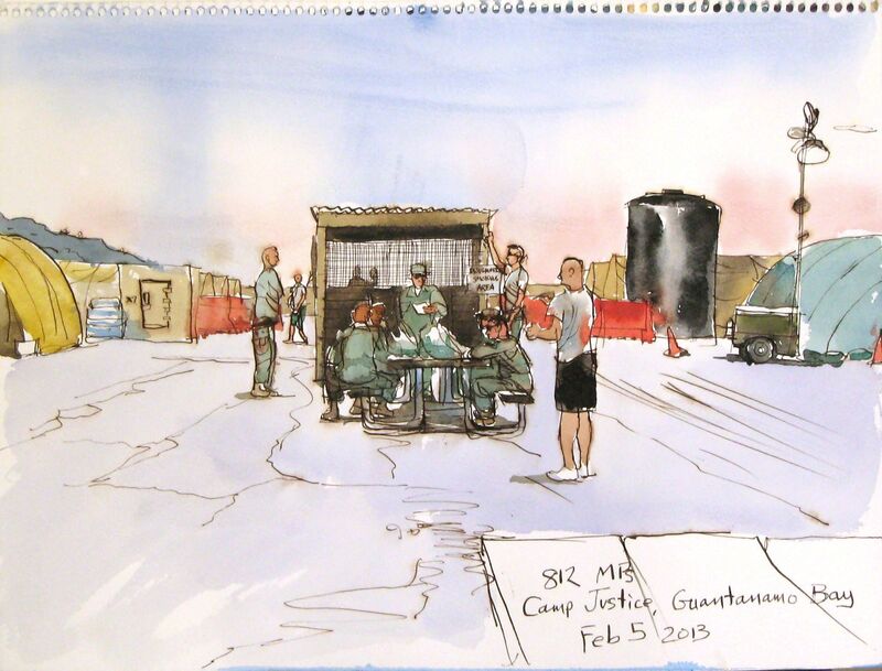 Steve Mumford, ‘2/5/13, 812 MPs, Camp Justice, Guantanamo Bay, Cuba’, 2013, Drawing, Collage or other Work on Paper, Ink and wash on paper, Postmasters Gallery