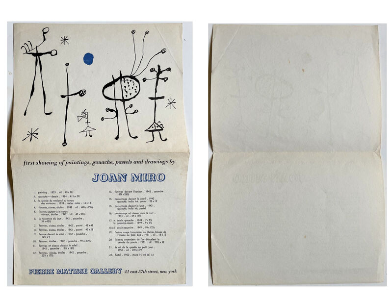 Joan Miró, ‘"First Showing of Paintings, Gouache, Pastels and Drawings by Joan Miro", 22 Works, Pierre Matisse Gallery NYC’, 1950, Ephemera or Merchandise, Print on paper, VINCE fine arts/ephemera