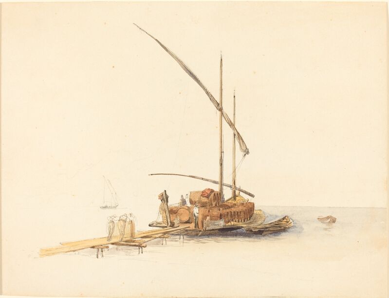 Johann Jacob Ulrich, ‘Wine Barrels Loaded onto a Sailing Barge at Vevey’, ca. 1850, Drawing, Collage or other Work on Paper, Watercolor over graphite on wove paper, National Gallery of Art, Washington, D.C.