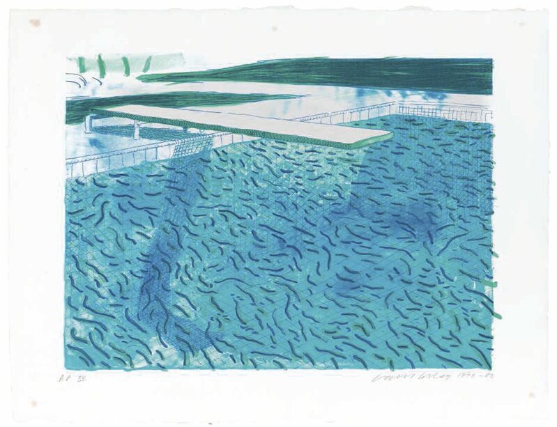David Hockney, ‘Lithograph of Water made of thick and thin lines, a green wash, a light blue wash, and a dark blue wash’, 1980, Print, Lithograph in colors, on TGL handmade paper, Christie's