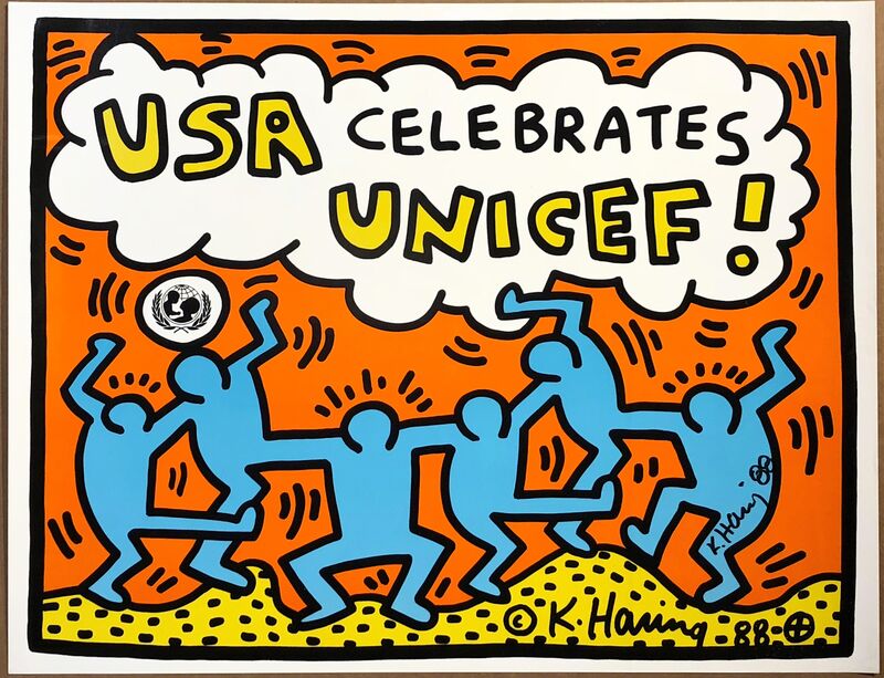 Keith Haring, ‘USA Celebrates Unicef!’, 1988, Posters, Offset lithograph in black, yellow, orange, and blue on glossy paper, Woodward Gallery
