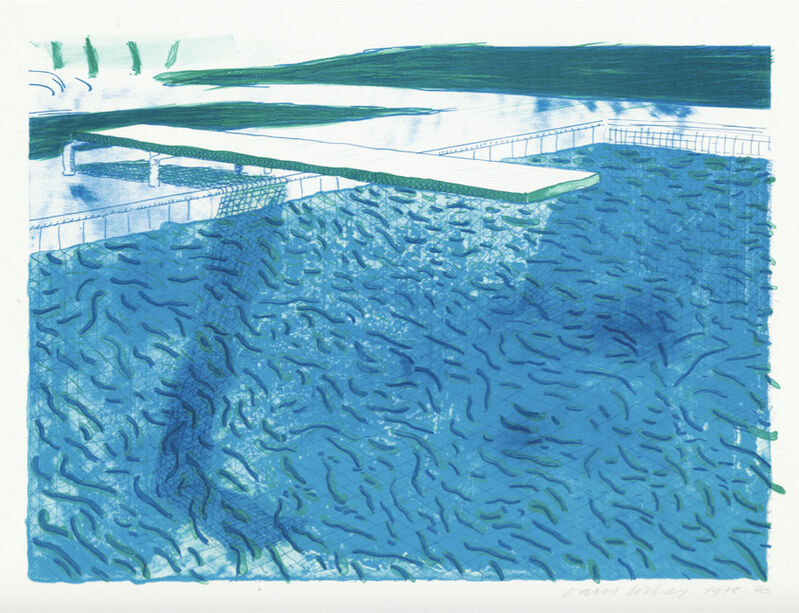 David Hockney, ‘Lithograph of Water made of thick and thin lines, a green wash, a light blue wash, and a dark blue wash’, 1980, Print, Lithograph in colors, on TGL handmade paper, Upsilon Gallery