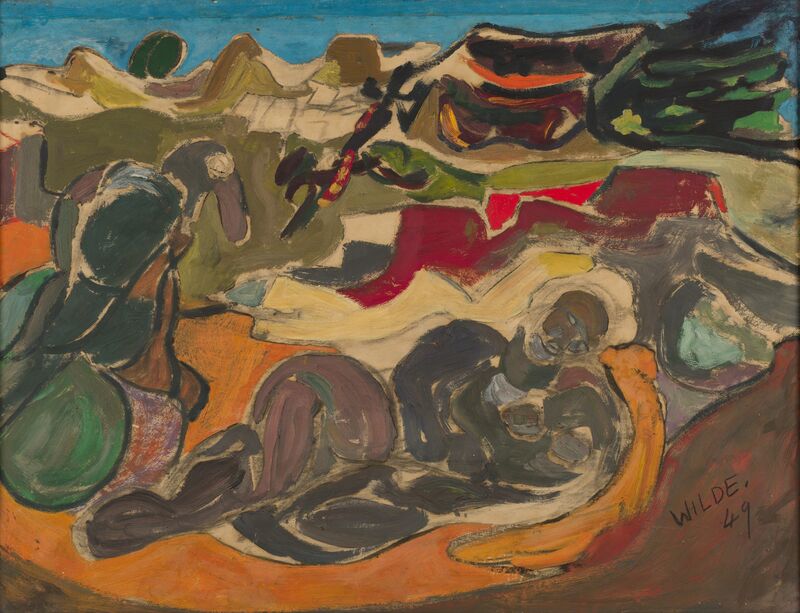Gerald Wilde, ‘Rocky Landscape with Old Man and Bird’, 1949, Painting, Gouache on paper, October Gallery