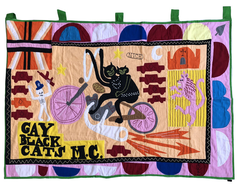 Grayson Perry, ‘Gay Black Cats MC’, 2017, Mixed Media, Cotton fabric and embroidery appliqué handmade flag in colours, Lougher Contemporary Gallery Auction
