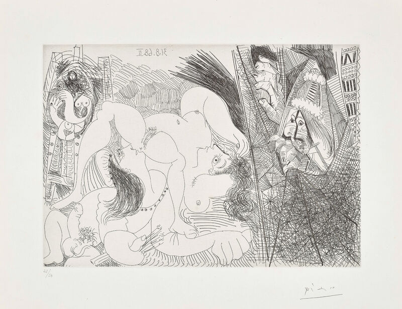Pablo Picasso, ‘Raphaël et la Fornarina IV: avec le Pape tirant le rideau (Raphael and the Fornarina IV: with the Pope Pulling Back the Curtain), plate 299 from the 347 Series’, 1968, Print, Etching, on Rives paper, with full margins., Phillips