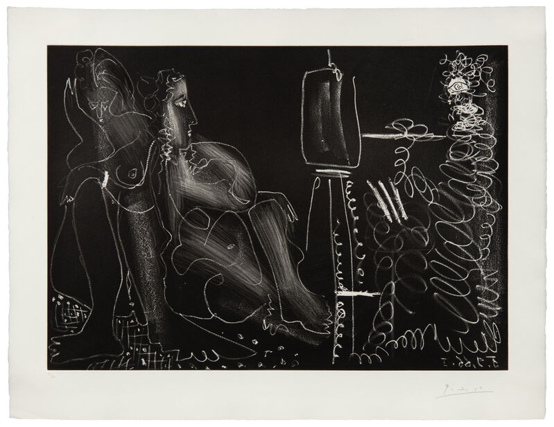 Pablo Picasso, ‘Peintre a son chevalet avec deux femmes neus’, 1966, Print, Etching and aquatint, Hindman