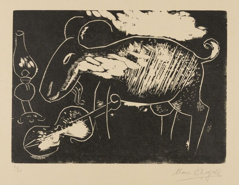 Marc Chagall, ‘Le Juif priant; juif a la Thora, La Maison, L'Homme au sac; Chevre et violin; L'Ecuyere et le Coq (Kornfeld 31 III b, 35c, 32 IV, 33 II b, 34 II b and 84 III b)’, Print, Six wood engravings, Forum Auctions