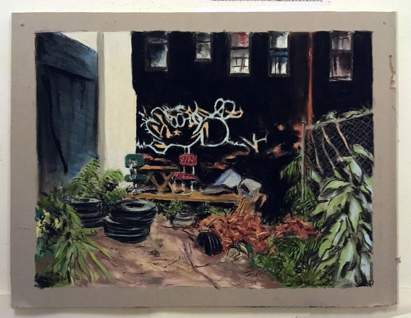 James Romberger, ‘Avenue B Patio’, 2018, Mixed Media, Pastel on sheetrock bolted with plexi, Visual AIDS Benefit Auction