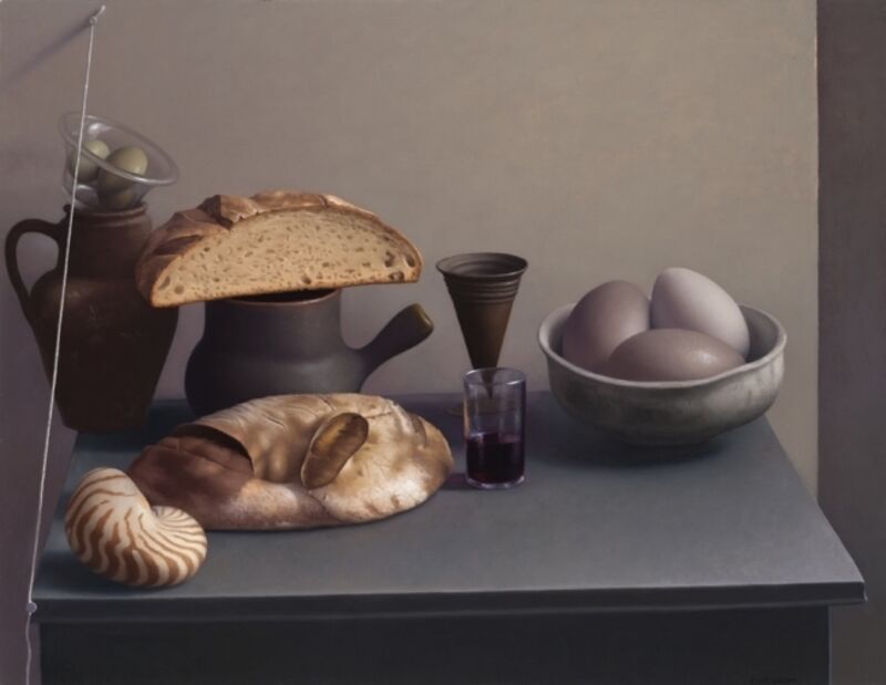 Amy Weiskopf, ‘Still Life with Bread, Shell and Eggs’, 2016, Painting, Oil on linen, Clark Gallery
